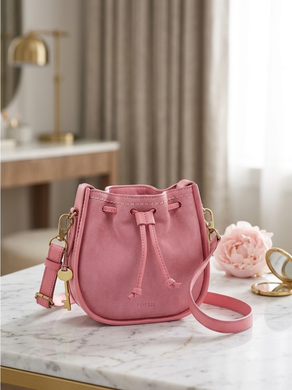 Fossil Pink Leather Drawstring Crossbody Bag